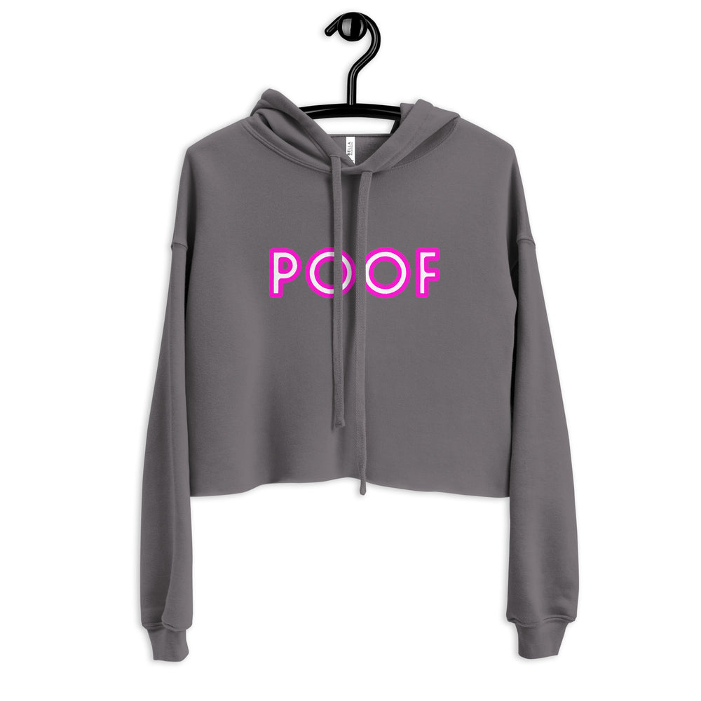 Front view of a charcoal cropped hoodie on a hanger with pink-and-white “POOF” lettering