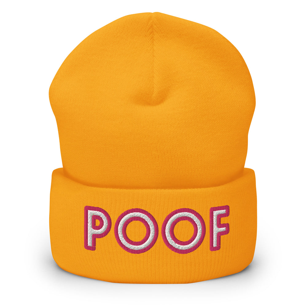 Front view of an orange cuffed beanie embroidered with “POOF” in white and magenta