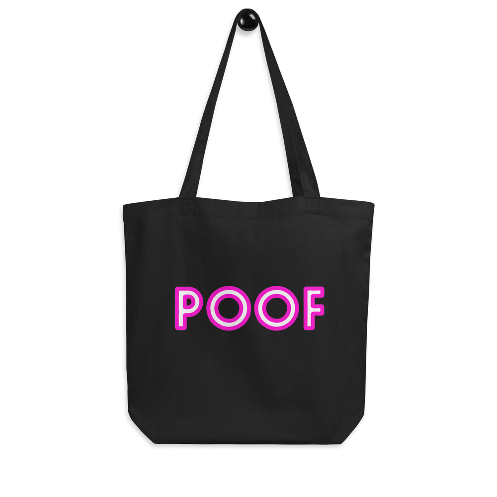 Front-facing black tote bag with long handles and bright pink-and-white “POOF” lettering