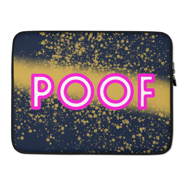 Laptop sleeve with navy and gold splatter design and large pink-and-white “POOF” lettering