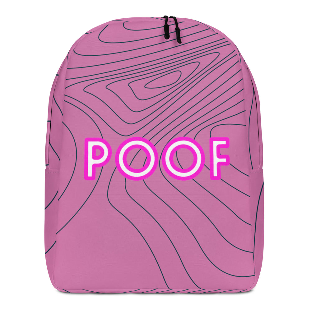 Front view of a pink backpack with dark wavy lines and the word “POOF” in white and magenta
