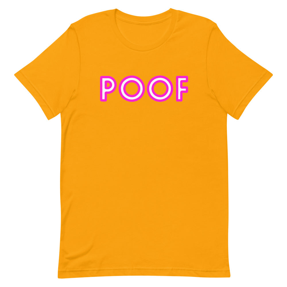 Front-facing gold T-shirt with pink-and-white outlined “POOF” lettering