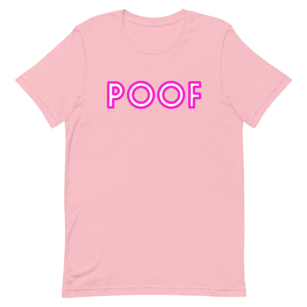 Front-facing pink T-shirt with bold outlined “POOF” lettering across the chest