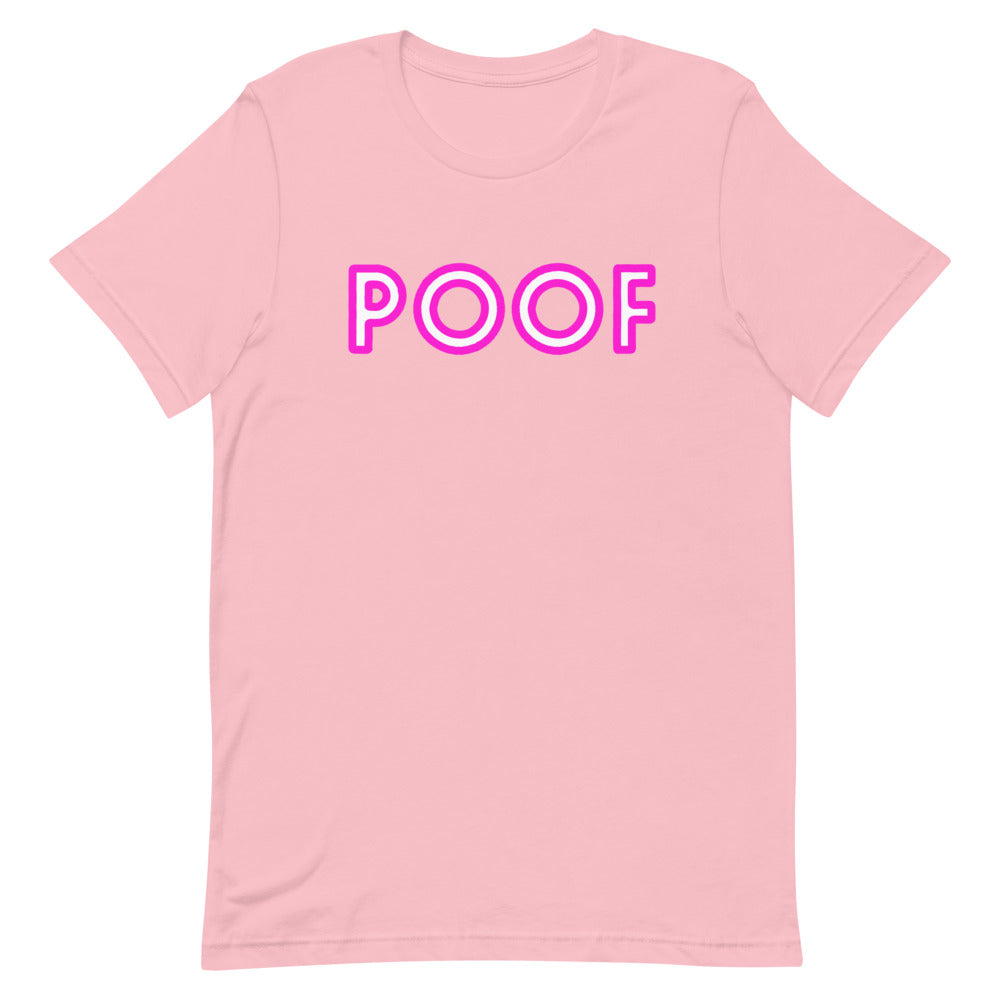 Front-facing pink T-shirt with bold outlined “POOF” lettering across the chest