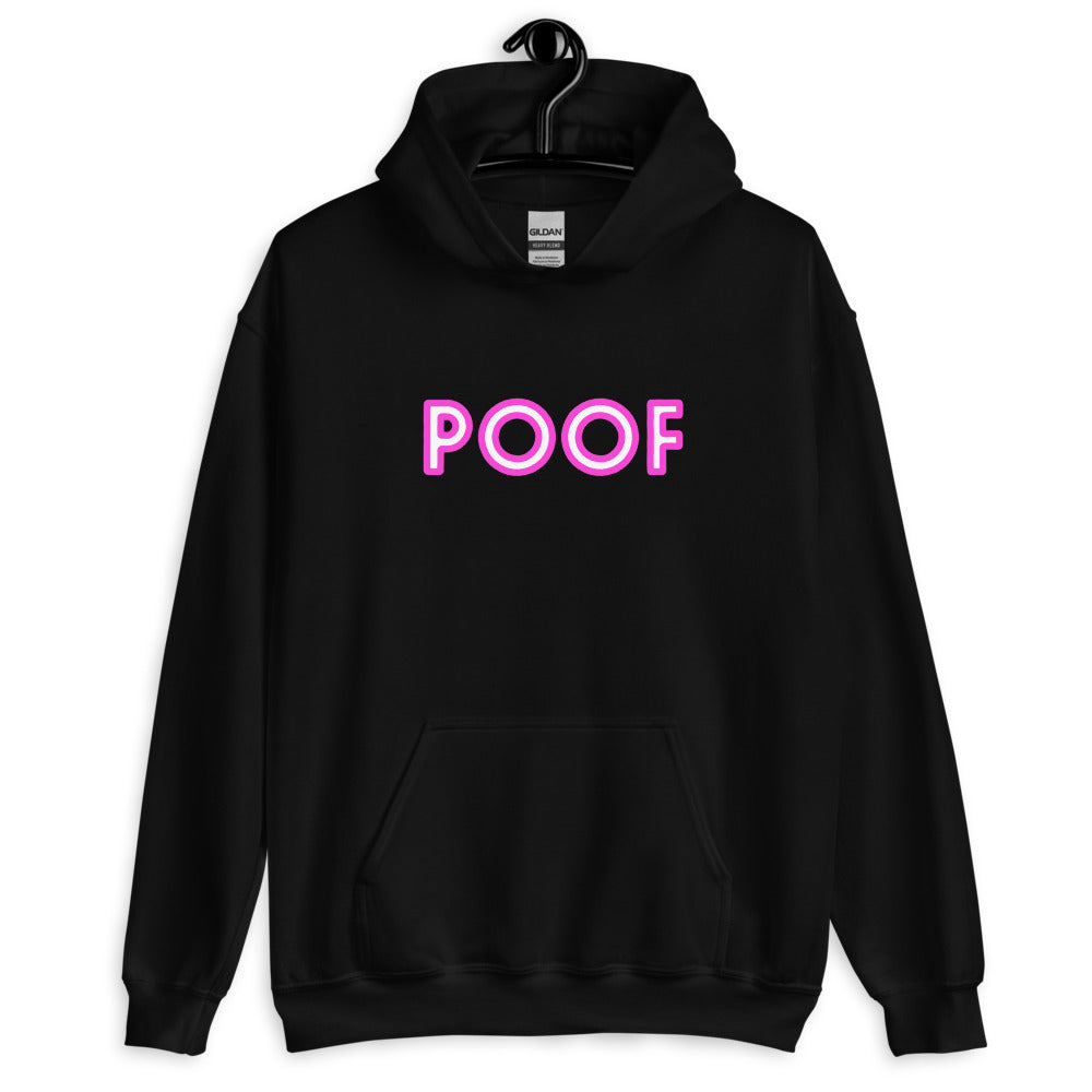 Front view of a black pullover hoodie with bright pink-and-white “POOF” lettering