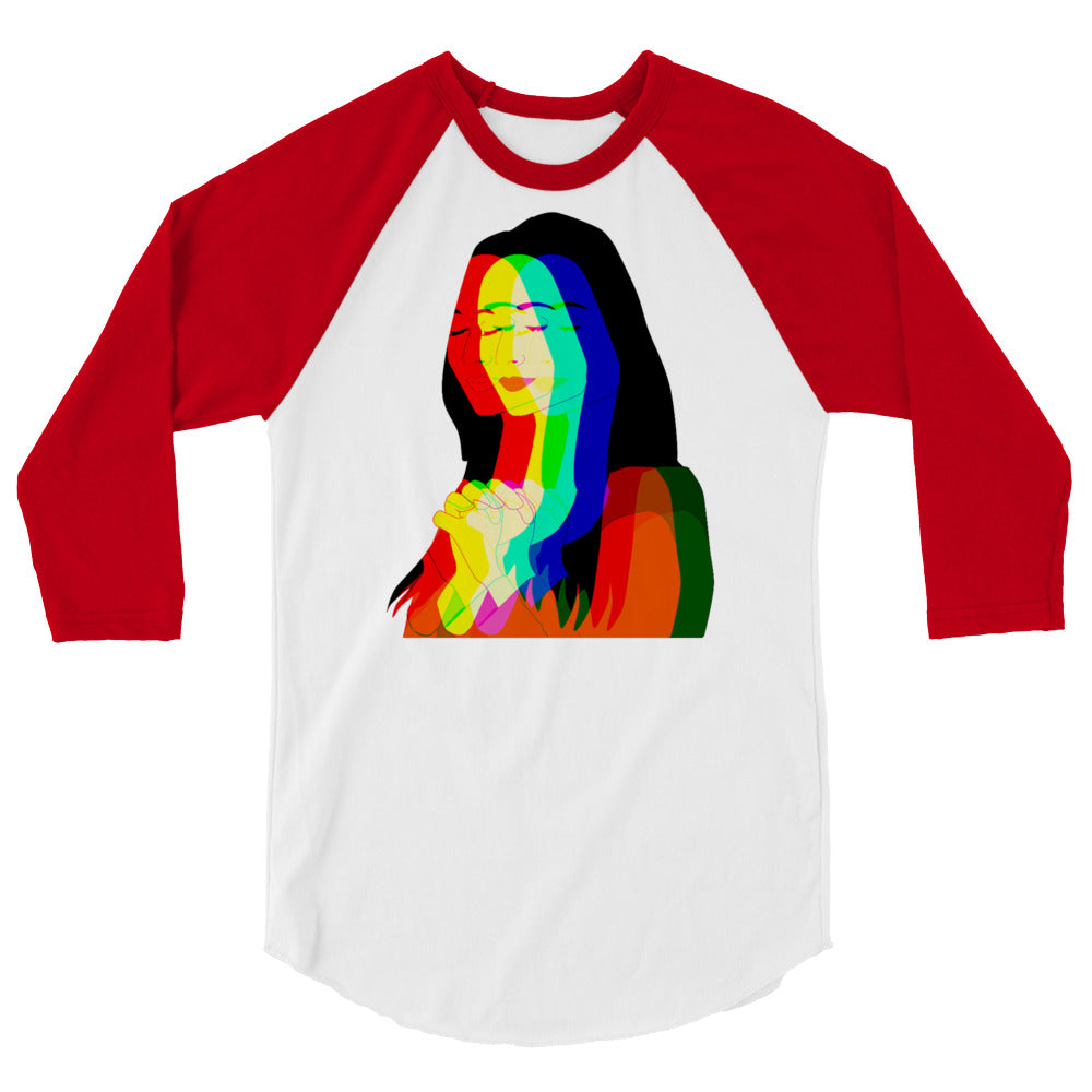 Front view of a white raglan shirt with red three-quarter sleeves and a rainbow portrait graphic