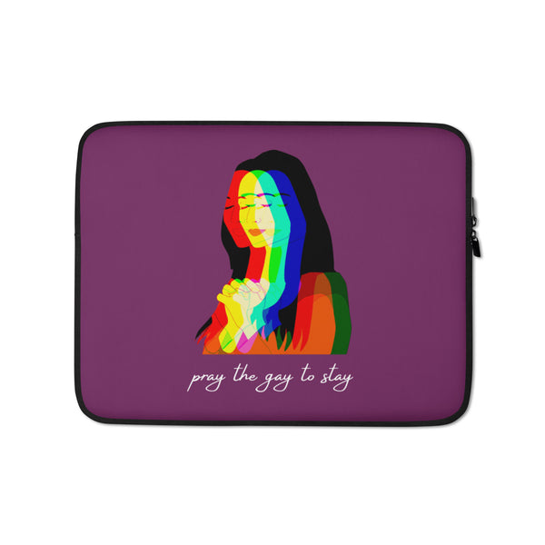 Front view of a purple laptop sleeve with a rainbow portrait and “pray the gay to stay” text