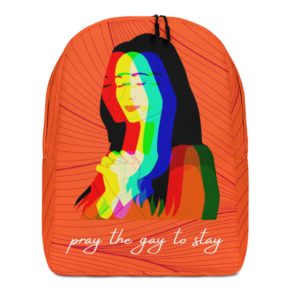 Front view of an orange backpack with rainbow portraits and “pray the gay to stay” text