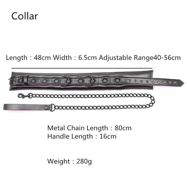 Black leather-look pup collar with D-rings, metal chain leash, and handle; dimensions shown