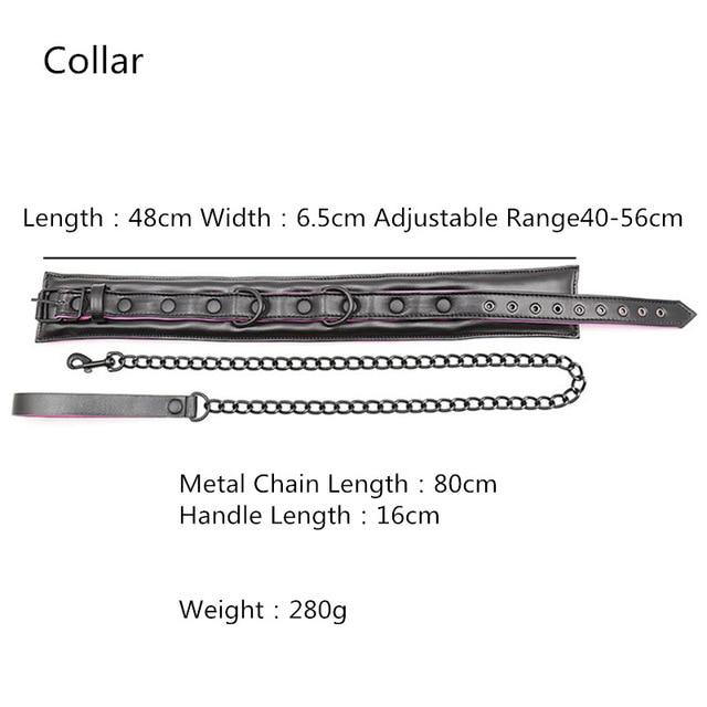 Black leather-look pup collar with D-rings, metal chain leash, and handle; dimensions shown