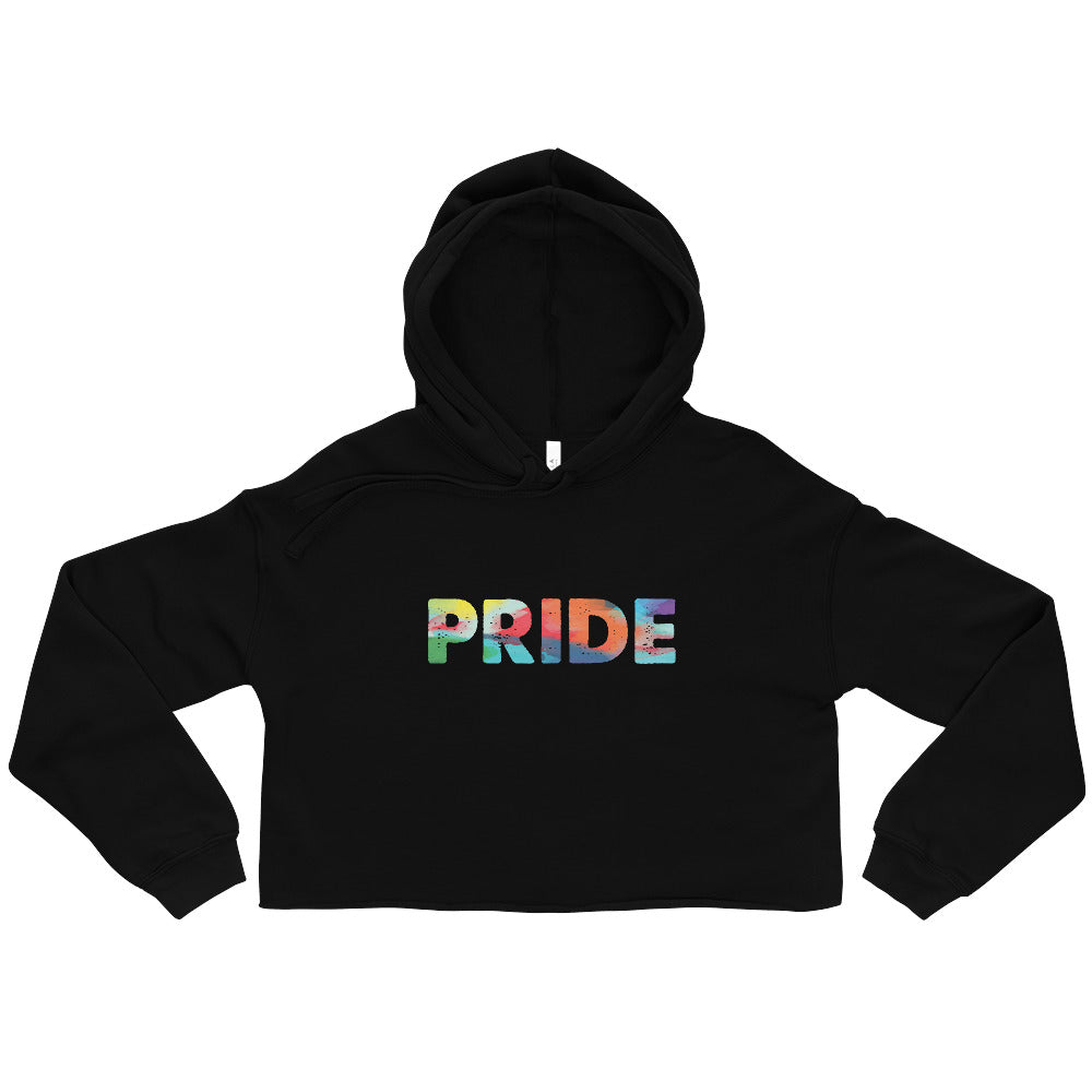 Black cropped hoodie laid flat with a multicolored “PRIDE” graphic on the chest