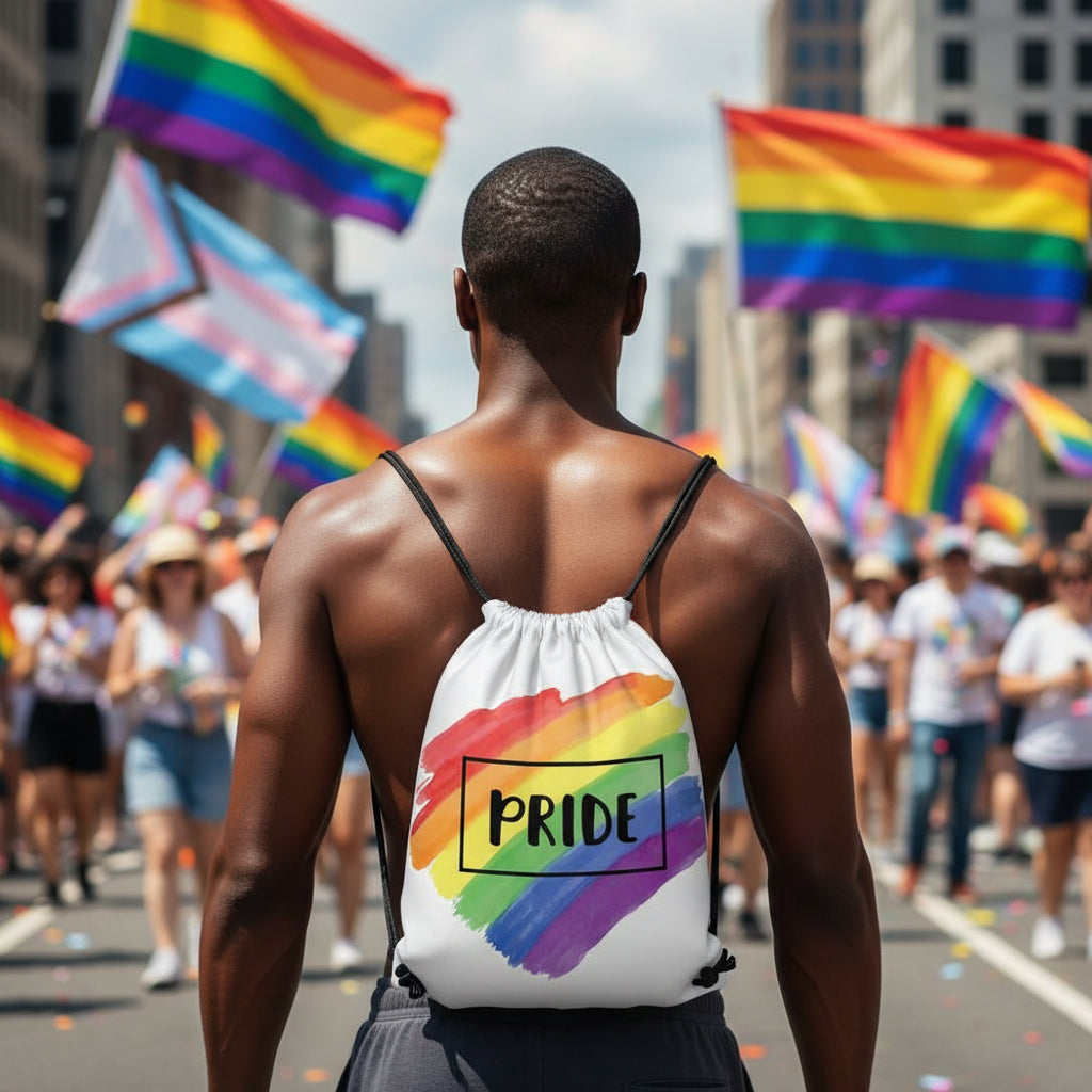 White Pride drawstring bag with rainbow brushstroke heart, worn at a Pride parade