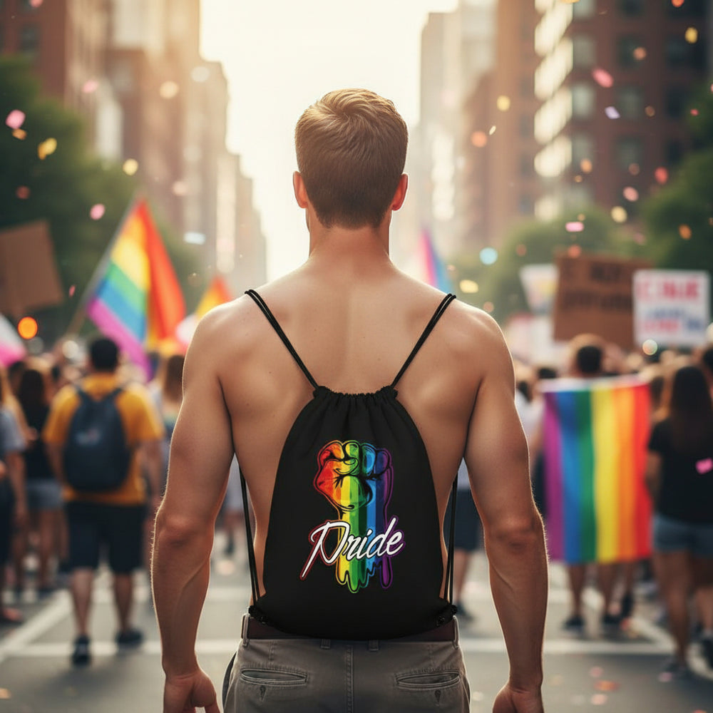Black Pride drawstring bag with rainbow fist graphic and “Pride” text, worn at a parade