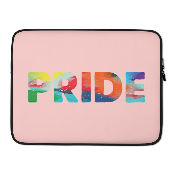 Front view of a pink laptop sleeve with a colorful abstract “PRIDE” design and black trim