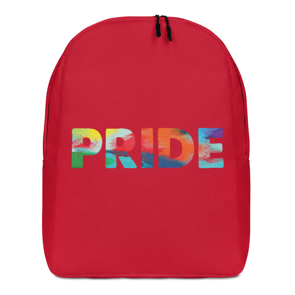 Front view of a red backpack with colorful block letters spelling “PRIDE”