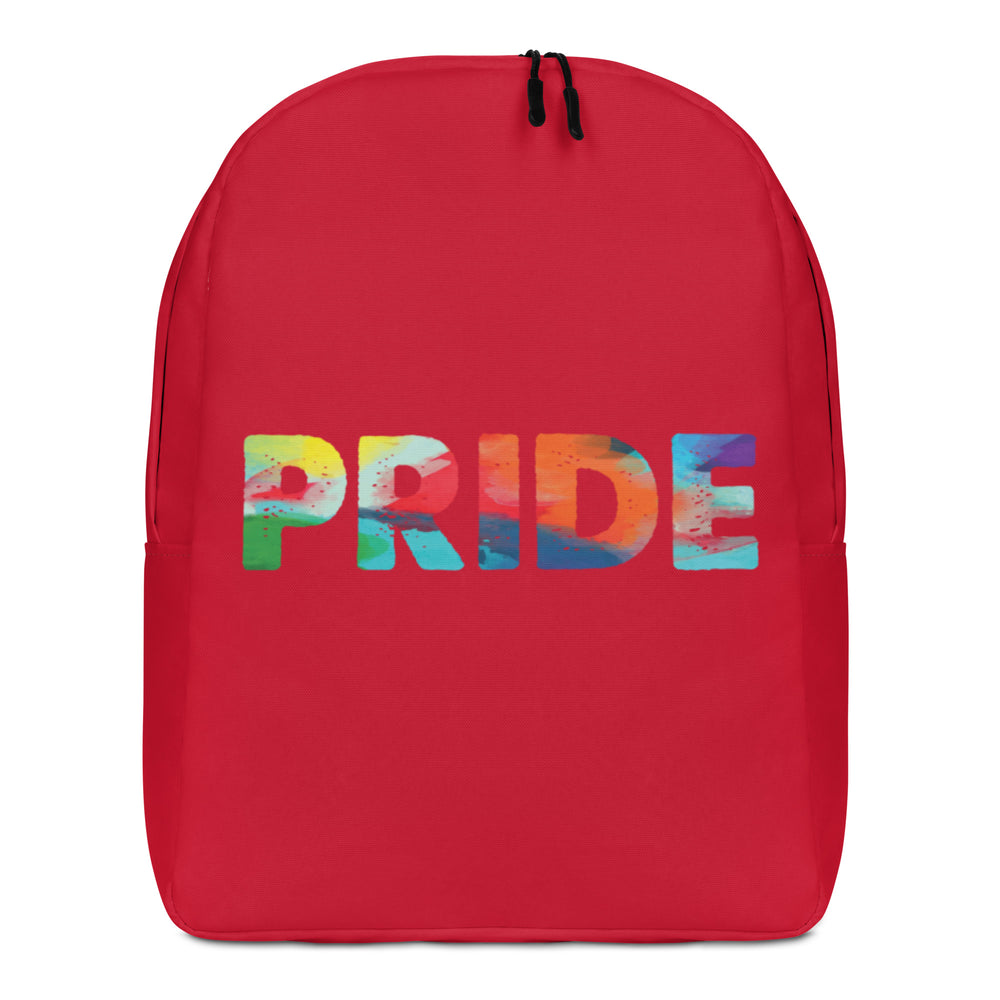 Front view of a red backpack with colorful block letters spelling “PRIDE”