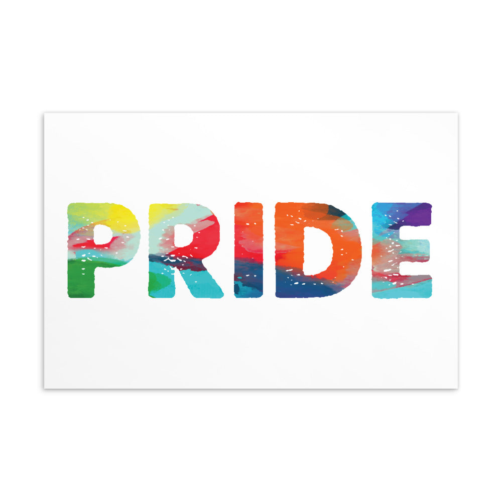 Postcard featuring the word “PRIDE” in colorful abstract brushstroke lettering