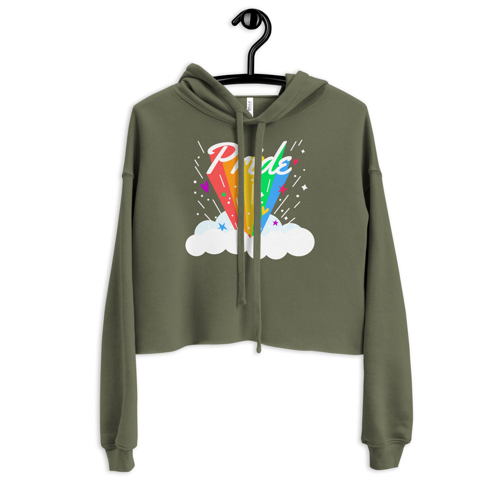 Front view of an olive-green cropped hoodie with a rainbow “Pride” cloud graphic
