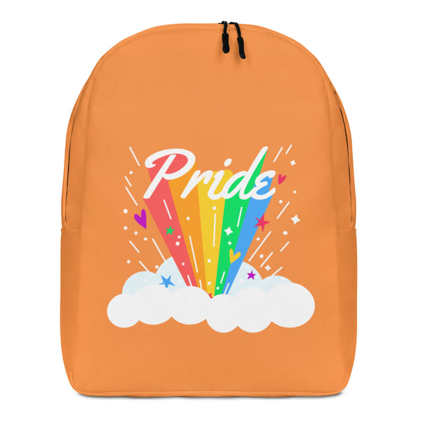 Front-facing orange backpack with rainbow beams, clouds, and the word “Pride”