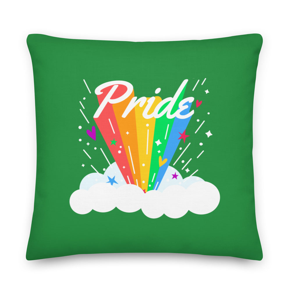 Square green pillow with a rainbow, white clouds, and the word “Pride” in white script