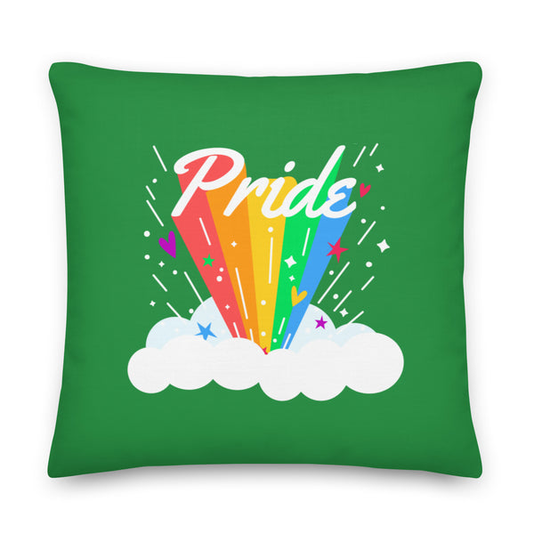 Square green pillow with a rainbow, white clouds, and the word “Pride” in white script