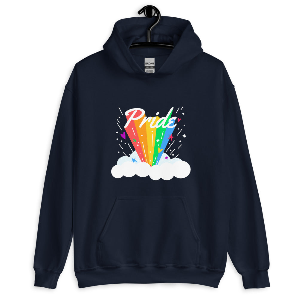 Front view of a navy hoodie with a rainbow Pride graphic and kangaroo pocket