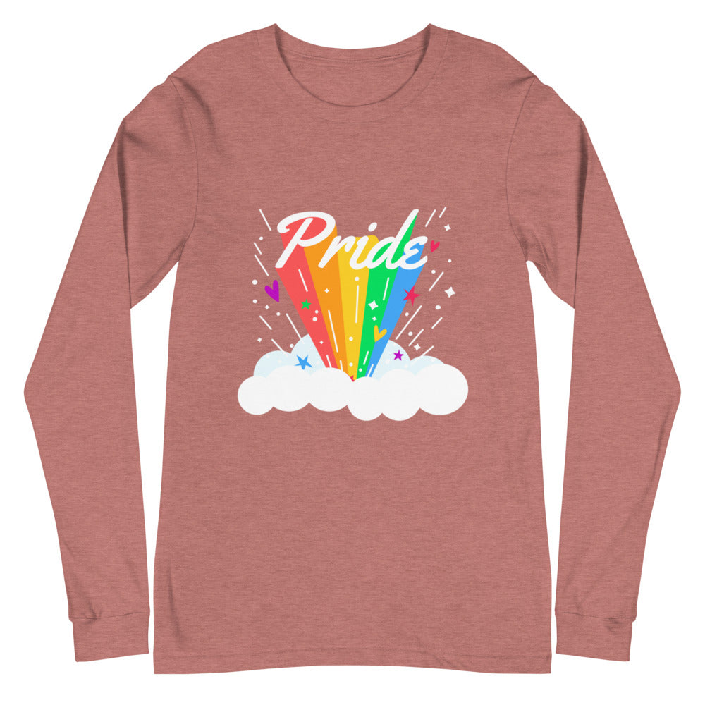 Front view of a mauve long-sleeve shirt with “Pride” over a rainbow and clouds
