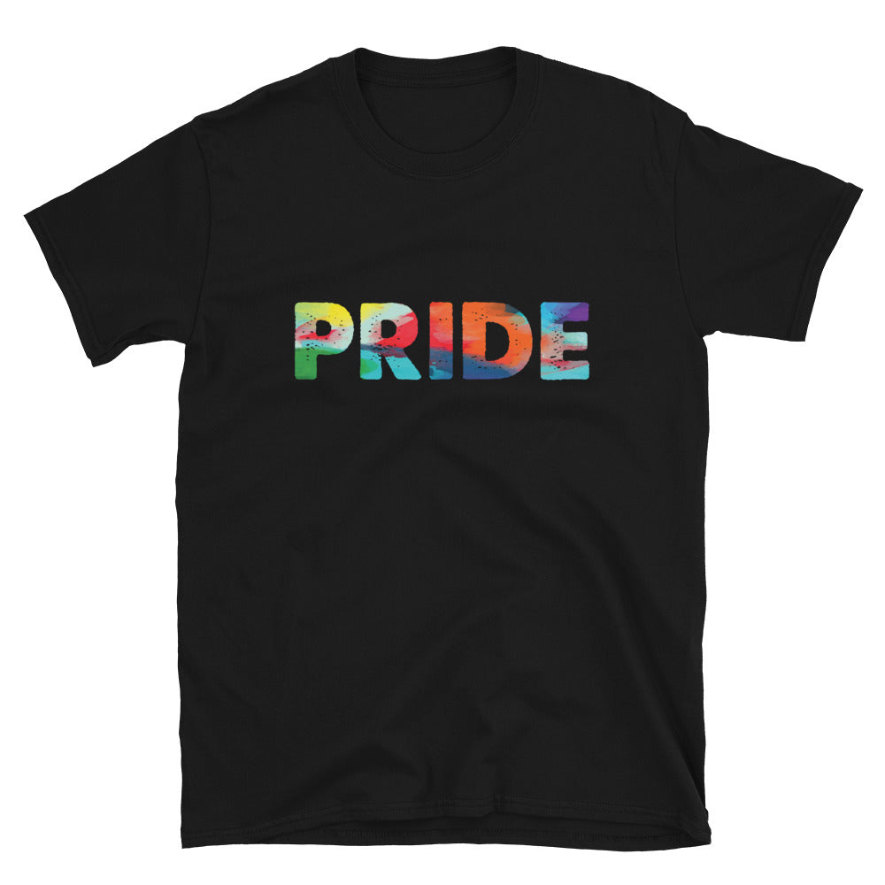 Black Pride T-shirt with colorful distressed PRIDE lettering on the front