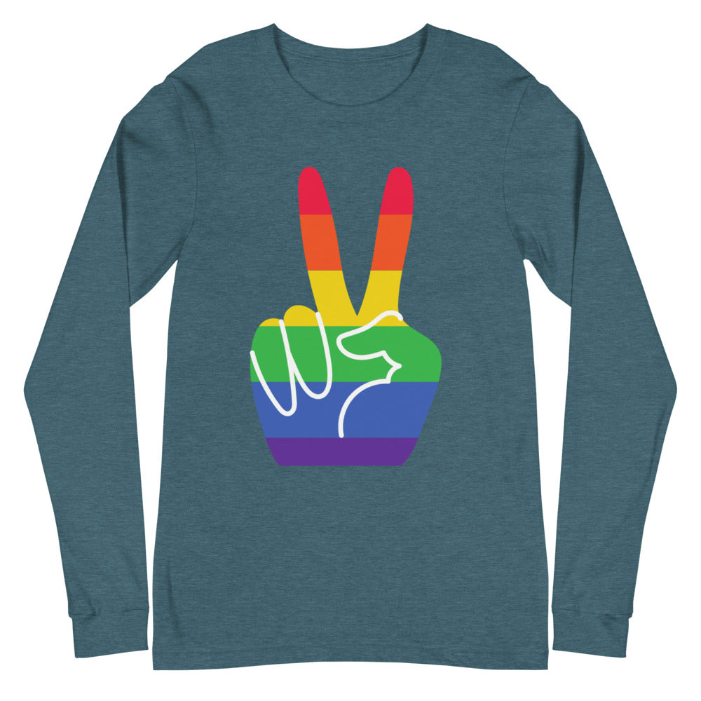Flat-lay deep teal long-sleeve shirt with a rainbow peace-hand graphic