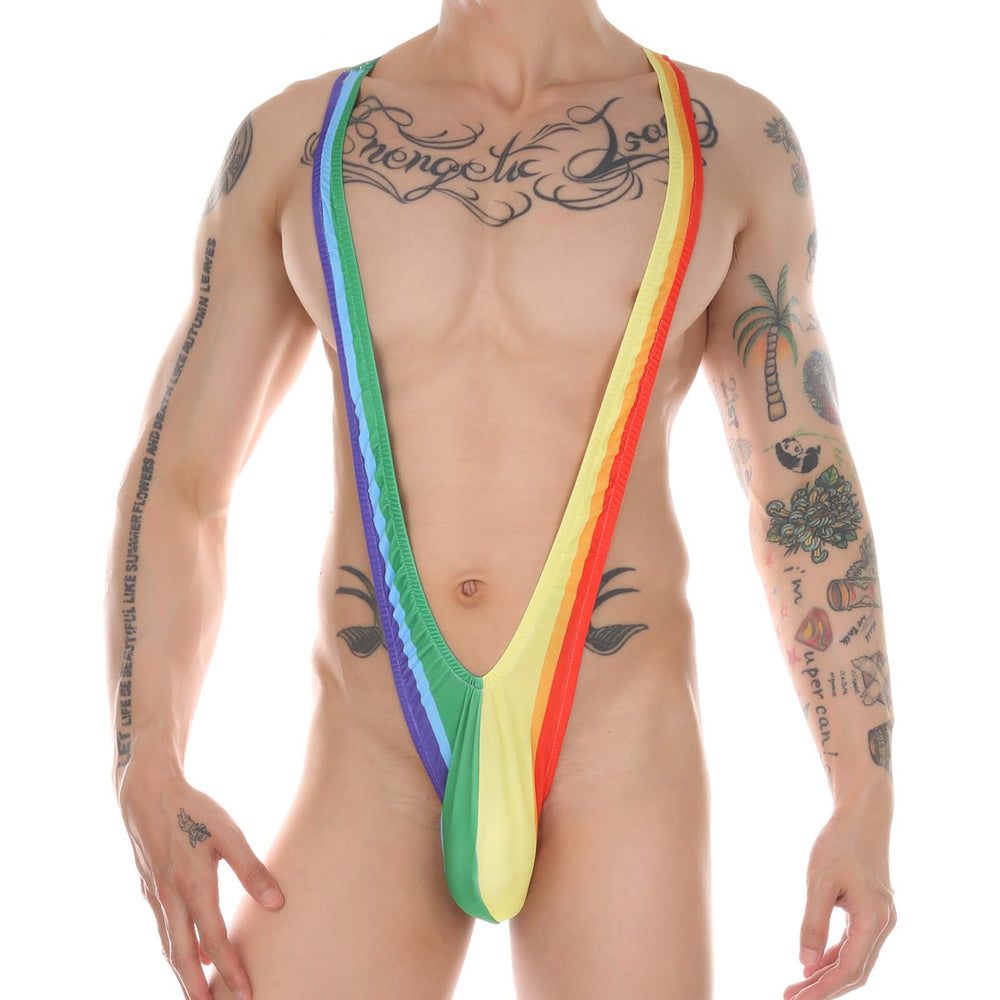 Front view of a model wearing a rainbow-striped V-sling mankini