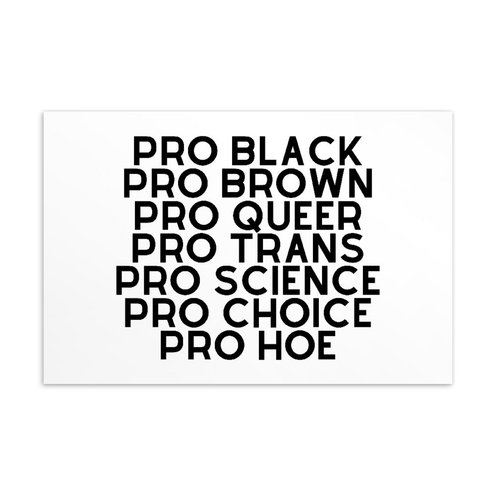 White postcard with bold black text: “PRO BLACK PRO BROWN PRO QUEER PRO TRANS PRO SCIENCE PRO CHOICE PRO HOE”