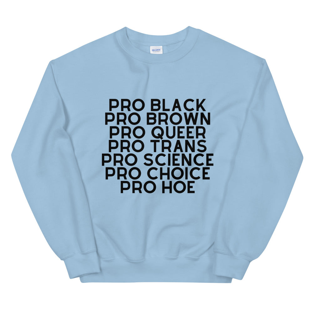 Light blue sweatshirt with bold black text reading “PRO BLACK PRO BROWN PRO QUEER PRO TRANS PRO SCIENCE PRO CHOICE PRO HOE”
