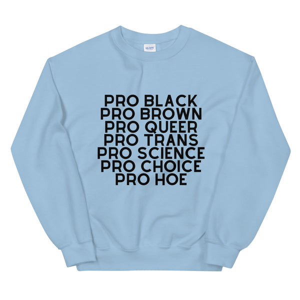 Light blue sweatshirt with bold black text reading “PRO BLACK PRO BROWN PRO QUEER PRO TRANS PRO SCIENCE PRO CHOICE PRO HOE”