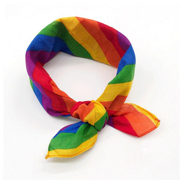 Rainbow Pride scarf tied as a headband on a white background