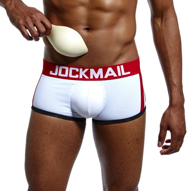 White packing boxer briefs with red JOCKMAIL waistband and removable foam packer