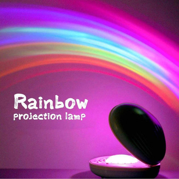 Rainbow projection lamp casting colorful arcs with its hinged black cover open