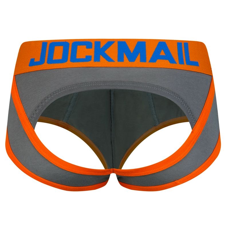 Front view of gray and orange bottomless brief underwear with blue JOCKMAIL waistband text