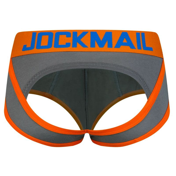 Front view of gray and orange bottomless brief underwear with blue JOCKMAIL waistband text