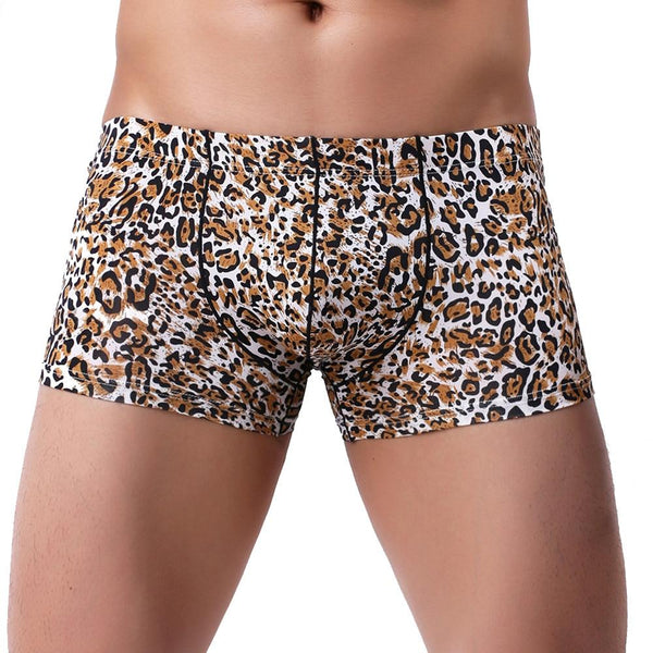 Leopard-print boxer briefs with a black elastic waistband, shown from the front on a model