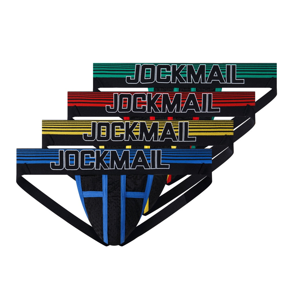 Front view of four black Jockmail jockstraps with green, red, yellow, and blue trim