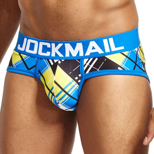 Jockmail tartan brief underwear with blue waistband and yellow, black, and white plaid print