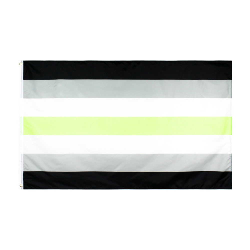 Agender Pride flag with black, gray, white, and neon green horizontal stripes