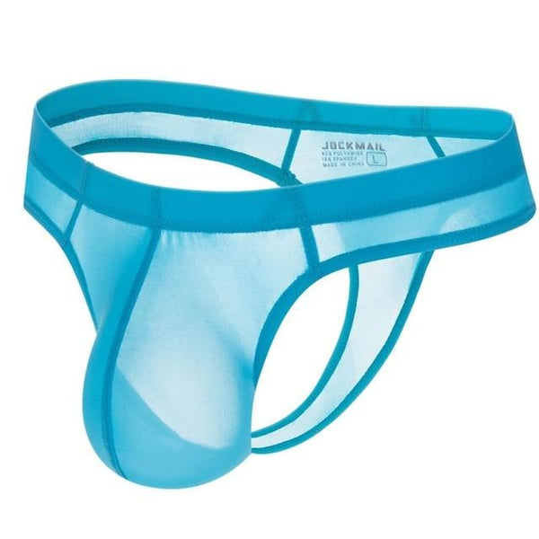 Turquoise sheer mesh thong with open sides and pouch, shown from the front