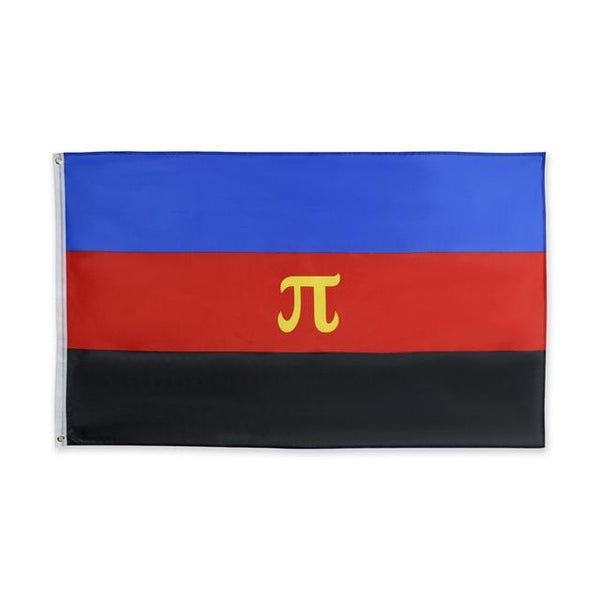 Polyamory pride flag with blue, red, and black stripes and a yellow pi symbol