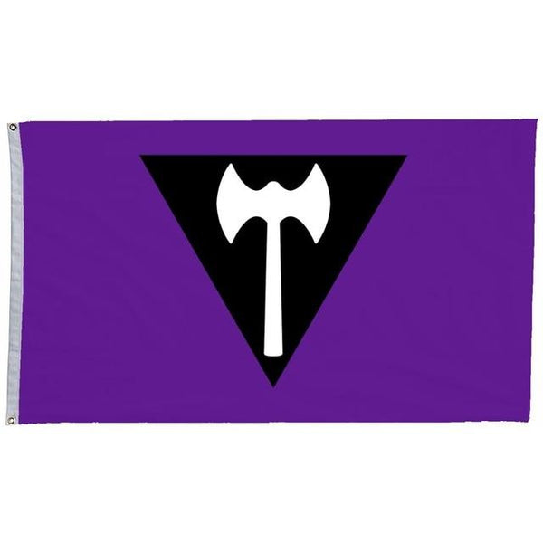 Purple Labrys lesbian pride flag with a black triangle and white double-headed axe emblem