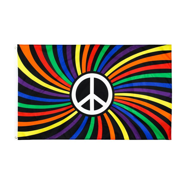 Gay pride peace flag with rainbow rays and a white peace symbol on black