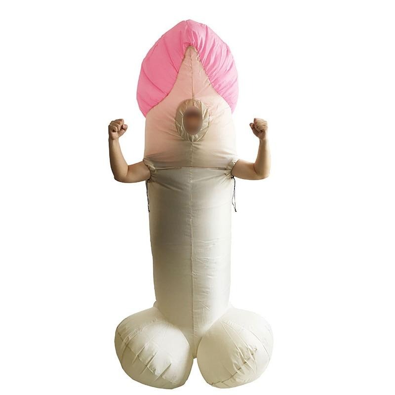 Front view of an inflated penis costume with pink tip, testicles, and raised arms