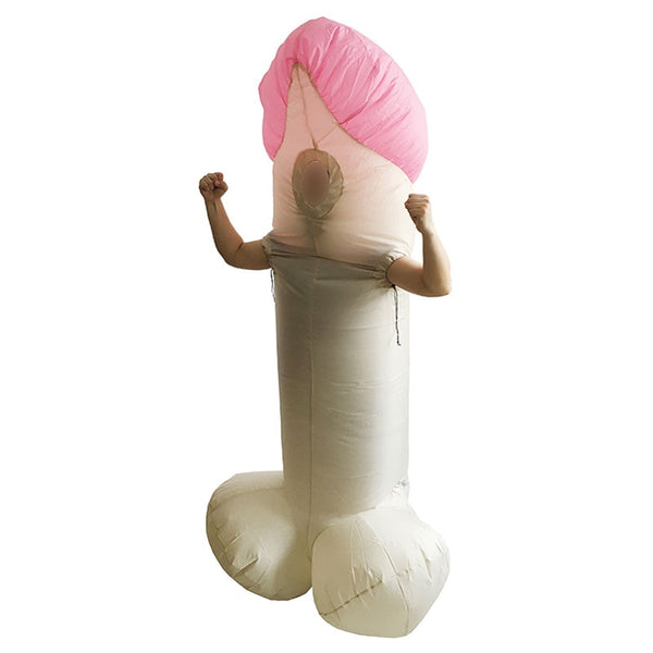 Person in an inflatable penis costume with a pink glans and raised fists
