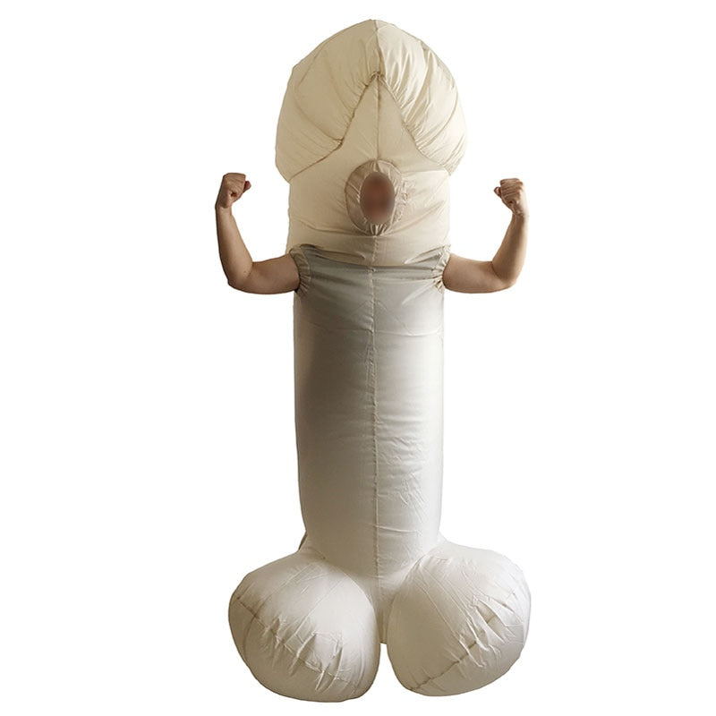 Front-facing person wearing an inflatable white penis costume with raised fists
