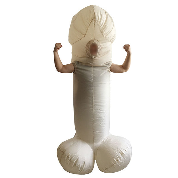 Front-facing person wearing an inflatable white penis costume with raised fists